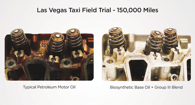 Comparison of disassembled engines after using different oil formulations. 
Las Vegas Taxi Field Trial - 150,000 miles
Left half: an engine that run on Typical Petroleum Motor Oil
Right half: an engine that used Biosynthetic Base Oil + Group III Blend.
The engine, that used estolide-based oil is much cleaner/has less varnish.
